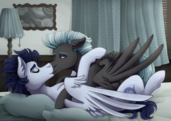 Size: 4960x3507 | Tagged: safe, artist:monnarcha, soarin', thunderlane, pegasus, pony, g4, backwards cutie mark, bed, bedroom, commission, eyes closed, floppy ears, gay, kissing, making out, male, open mouth, shipping, soarilane, stallion