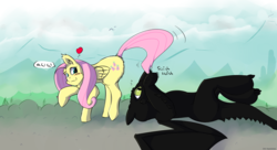Size: 2728x1486 | Tagged: safe, artist:fuzzypones, fluttershy, dragon, night fury, pegasus, pony, g4, behaving like a cat, blush sticker, blushing, crossover, cute, dreamworks, female, floating heart, heart, how to train your dragon, looking back, mare, on back, playing with tail, speech bubble, toothless the dragon