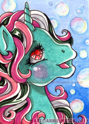 Size: 370x517 | Tagged: safe, artist:anniemsson, fizzy, pony, twinkle eyed pony, unicorn, g1, blushing, cute, female, fizzybetes, solo, traditional art