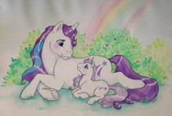 Size: 2048x1388 | Tagged: dead source, safe, artist:whippetluvpony, baby glory, glory, pony, unicorn, g1, cute, duo, female, glorybetes, mare, traditional art, watercolor painting
