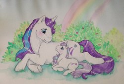 Size: 2048x1388 | Tagged: dead source, safe, artist:whippetluv, baby glory, glory, pony, unicorn, g1, cute, duo, female, glorybetes, mare, traditional art, watercolor painting