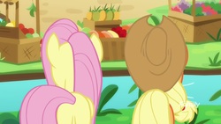 Size: 1920x1080 | Tagged: safe, screencap, applejack, fluttershy, pony, g4, sounds of silence, back of head, behind, butt, duo, female, flutterbutt, from behind, mare, plot, plot pair, rear view, water