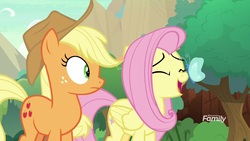 Size: 1920x1080 | Tagged: safe, screencap, applejack, fluttershy, butterfly, pony, g4, sounds of silence, eyes closed