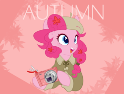 Size: 1720x1300 | Tagged: safe, artist:potetecyu_to, pinkie pie, dragonfly, earth pony, insect, pony, semi-anthro, g4, arm hooves, beret, camera, clothes, female, hat, maple leaf, mare, solo