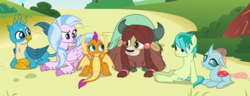 Size: 350x135 | Tagged: safe, screencap, gallus, ocellus, sandbar, silverstream, smolder, yona, changedling, changeling, classical hippogriff, dragon, earth pony, griffon, hippogriff, pony, yak, g4, school daze, bonding, bow, cloven hooves, colored hooves, confused, cropped, cute, diaocelles, diastreamies, dragoness, female, gallabetes, hair bow, happy, jewelry, looking at each other, lounging, lying down, male, monkey swings, necklace, raised eyebrow, sandabetes, sitting, smolderbetes, student six, teenager, yonadorable