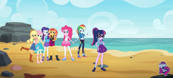 Size: 3840x1756 | Tagged: safe, artist:spike fancy, applejack, fluttershy, pinkie pie, rainbow dash, rarity, sci-twi, sunset shimmer, twilight sparkle, human, equestria girls, fashion photo booth, g4, my little pony equestria girls: better together, beach, converse, equestria girls logo, geode of empathy, geode of fauna, geode of shielding, geode of super speed, geode of super strength, geode of telekinesis, humane five, humane seven, humane six, magical geodes, ponytail, shoes, smiling