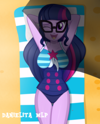 Size: 1024x1265 | Tagged: safe, artist:danielitamlp, sci-twi, twilight sparkle, equestria girls, g4, my little pony equestria girls: better together, arm behind head, armpits, breasts, busty sci-twi, busty twilight sparkle, clothes, female, glasses, legs together, looking at you, one eye closed, one-piece swimsuit, sci-twi swimsuit, signature, smiling, solo, swimsuit, wink