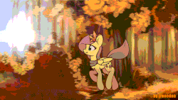 Size: 1280x720 | Tagged: safe, artist:freeedon, fluttershy, pegasus, pony, g4, animated, autumn, blinking, clothes, cute, eyes closed, female, floppy ears, folded wings, forest, frame by frame, gif, happy, leaf, looking up, mare, open mouth, prancing, raised hoof, raised leg, scarf, scenery, shyabetes, smiling, solo, video at source, wings