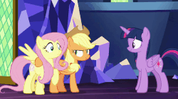 Size: 1050x590 | Tagged: safe, screencap, applejack, fluttershy, twilight sparkle, alicorn, earth pony, pegasus, pony, g4, sounds of silence, animated, cutie mark, female, glowing cutie mark, laughing, mare, nervous laugh, out of context, smiling, twilight sparkle (alicorn)