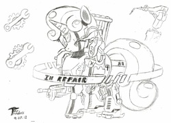 Size: 3896x2816 | Tagged: safe, artist:radiancebreaker, sweetie belle, pony, robot, robot pony, g4, bastion (overwatch), crossover, female, high res, monochrome, overwatch, solo, sweetie bot, traditional art