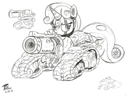 Size: 3896x3008 | Tagged: safe, artist:radiancebreaker, sweetie belle, robot, tank pony, g4, bastion (overwatch), crossover, female, high res, monochrome, overwatch, solo, sweetie bot, tank (vehicle), traditional art