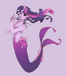 Size: 1280x1476 | Tagged: safe, artist:skirtzzz, twilight sparkle, mermaid, g4, belly button, bikini, bikini top, breasts, cleavage, clothes, female, halterneck, mermaidized, midriff, simple background, smiling, solo, species swap, swimsuit