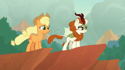Size: 1280x720 | Tagged: safe, screencap, applejack, autumn blaze, kirin, g4, sounds of silence, animated, awwtumn blaze, cliff, cloud, cute, female, flowing mane, forest, grin, mountain, peaks of peril, sky, smiling, sound, stare, talking, tree, valley, webm, wind