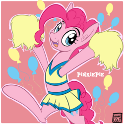 Size: 900x900 | Tagged: safe, artist:casualcolt, pinkie pie, earth pony, pony, g4, cheerleader, cheerleader pinkie, clothes, cute, diapinkes, female, mare, midriff, pom pom, skirt, smiling, solo