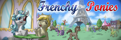 Size: 1500x500 | Tagged: safe, artist:metyknight, oc, oc only, oc:flora prima, earth pony, pegasus, pony, unicorn, banner, drink, drinking, eiffel tower, flying, france, french, frenchy-ponies, house, sitting, smiling, talking, walking