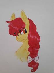 Size: 1280x1707 | Tagged: safe, artist:bluestarbubbles, apple bloom, earth pony, pony, g4, alternate hairstyle, bow, bust, eye clipping through hair, female, hair bow, marker drawing, simple background, solo, traditional art, white background
