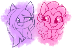 Size: 900x575 | Tagged: safe, artist:drunkencoffee, marble pie, pinkie pie, earth pony, pony, g4, bust, duo, female, looking at each other, mare, simple background, sisters, smiling, transparent background, twins