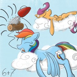 Size: 1000x1000 | Tagged: safe, artist:sixes&sevens, rainbow dash, scootaloo, pegasus, pony, g4, chainsaw, cloud, inktober, inktober 2018, on a cloud, scootalove, sleeping, smiling, snoring