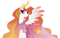 Size: 1024x640 | Tagged: safe, artist:drunkencoffee, daybreaker, pony, g4, alternate hairstyle, clothes, crown, curved horn, dress, ethereal mane, female, gala dress, horn, jewelry, mare, recolor, reformed, regalia, shawl, simple background, smiling, solo, spread wings, starry mane, thick horn, transparent background, vector, wings
