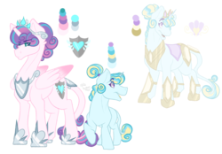 Size: 3600x2507 | Tagged: safe, artist:cyanreef, princess flurry heart, oc, oc:triton de oceano, alicorn, pony, g4, armor, broken horn, colt, cutie mark, duo, female, high res, horn, jewelry, leonine tail, male, mare, next generation, offspring, older, open mouth, parent:princess cadance, parent:shining armor, parents:shiningcadance, reference sheet, regalia, simple background, stallion, transparent background