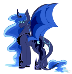 Size: 2605x2706 | Tagged: safe, artist:cyanreef, princess luna, alicorn, pony, g4, bat wings, curved horn, cutie mark, ethereal mane, female, high res, horn, jewelry, leonine tail, looking at you, looking back, mare, redesign, regalia, simple background, solo, spread wings, starry mane, transparent background, wings