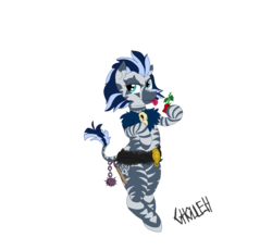 Size: 2500x2300 | Tagged: safe, artist:ghouleh, oc, oc only, oc:eid, zebra, bipedal, eye markings, flower, high res, jewelry, lidded eyes, male, necklace, rose, sash, simple background, skull, solo, species swap, tongue out, transformation, transparent background, zebrafied