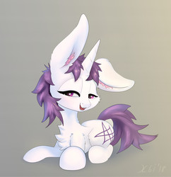 Size: 1670x1724 | Tagged: safe, artist:xbi, oc, oc only, oc:lapush buns, bunnycorn, pony, unicorn, bunny ears, gradient background, looking at you, male, prone, smiling, solo, stallion