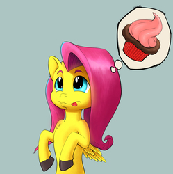 Size: 1194x1200 | Tagged: safe, artist:ponycarbonate, derpibooru exclusive, fluttershy, pegasus, pony, g4, bipedal, cupcake, female, food, solo, thought bubble, tongue out