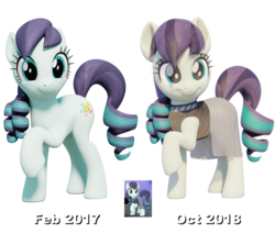 Size: 2650x2248 | Tagged: safe, artist:therealdjthed, coloratura, earth pony, pony, g4, 3d, 3d model, before and after, blender, clothes, comparison, cute, female, high res, looking at you, mare, model:djthed, raised hoof, rara, rarabetes, simple background, smiling, solo, text, transparent background