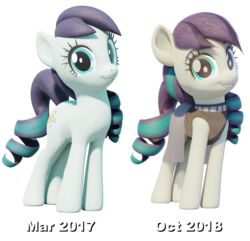 Size: 2336x2248 | Tagged: safe, artist:therealdjthed, coloratura, earth pony, pony, g4, 3d, 3d model, before and after, blender, clothes, comparison, cute, female, high res, looking at you, mare, model:djthed, rara, rarabetes, simple background, smiling, solo, text, transparent background