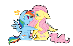 Size: 1024x640 | Tagged: safe, artist:piidorenko, fluttershy, rainbow dash, pegasus, pony, g4, blushing, chibi, cutie mark, female, lesbian, looking at each other, mare, ship:flutterdash, shipping, simple background, sitting, size difference, smoldash, spread wings, transparent background, wings