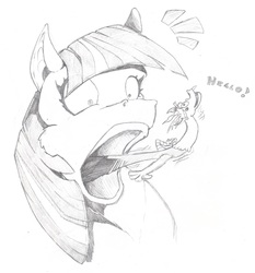Size: 2225x2385 | Tagged: safe, artist:al-kpon, discord, twilight sparkle, pony, g4, black and white, discord being discord, duo, grayscale, high res, monochrome, pencil drawing, scared, shocked, text, tongue out, traditional art