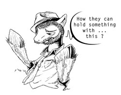 Size: 1981x1559 | Tagged: safe, artist:al-kpon, oc, oc only, oc:kpon, pony, beard, black and white, clothes, facial hair, grayscale, hat, hooves, monochrome, ponysona, solo, speech bubble, text, traditional art