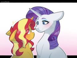 Size: 1047x800 | Tagged: safe, artist:piidorenko, rarity, sunset shimmer, pony, unicorn, g4, blushing, duo, eye clipping through hair, female, floppy ears, gradient background, height difference, lesbian, letterboxing, lidded eyes, looking at each other, mare, shipping, smiling, sunsarity, sweat, sweatdrop