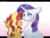 Size: 1047x800 | Tagged: safe, artist:piidorenko, rarity, sunset shimmer, pony, unicorn, g4, blushing, duo, eye clipping through hair, female, floppy ears, gradient background, height difference, lesbian, letterboxing, lidded eyes, looking at each other, mare, ship:sunsarity, shipping, smiling, sweat, sweatdrop