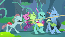 Size: 1280x720 | Tagged: safe, screencap, ocellus, changedling, changeling, g4, the hearth's warming club, eyes closed, mouth hold, pulling, rope, straining