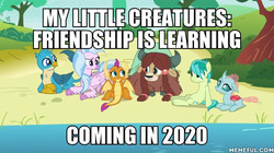 Size: 600x337 | Tagged: safe, edit, edited screencap, screencap, gallus, ocellus, sandbar, silverstream, smolder, yona, changedling, changeling, classical hippogriff, dragon, earth pony, griffon, hippogriff, pony, yak, g4, school daze, bow, cloven hooves, colored hooves, dragoness, female, good end, hair bow, image macro, jewelry, male, meme, memeful.com, monkey swings, necklace, spin off, student six, teenager, what if