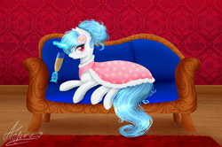 Size: 1024x678 | Tagged: safe, artist:ayame-shiro, oc, oc only, oc:flora prima, pony, alternate hairstyle, couch, cute, drink, drinking, flower, french, frenchy-ponies, magic, magic aura, ponytail, sitting, solo
