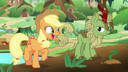 Size: 1280x720 | Tagged: safe, screencap, applejack, forest fall, earth pony, kirin, pony, g4, sounds of silence, background kirin, cute, female, happy, jackabetes, male, mare, smiling