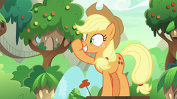 Size: 1280x720 | Tagged: safe, screencap, applejack, earth pony, pony, g4, sounds of silence, applejack's hat, boop, cowboy hat, cute, female, fountain, hat, jackabetes, mare, raised hoof, self-boop, solo, water