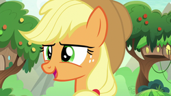 Size: 1280x720 | Tagged: safe, screencap, applejack, earth pony, pony, g4, sounds of silence, female, freckles, mare, open mouth, smiling, solo