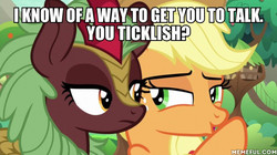 Size: 600x337 | Tagged: safe, edit, edited screencap, screencap, applejack, cinder glow, summer flare, earth pony, kirin, pony, g4, sounds of silence, female, image macro, mare, meme, text, this will end in tickles, tickling