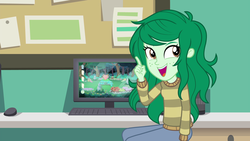 Size: 1920x1080 | Tagged: safe, screencap, wallflower blush, equestria girls, equestria girls specials, g4, my little pony equestria girls: better together, my little pony equestria girls: forgotten friendship, monitor, pointing, smiling