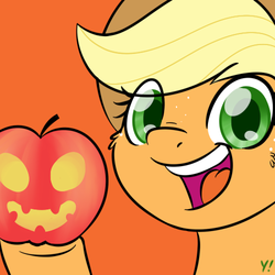 Size: 500x500 | Tagged: safe, artist:yakoshi, applejack, earth pony, pony, g4, apple, apple carving, carving, cowboy hat, female, food, freckles, halloween, hat, holding, holiday, jack-o-lantern, jacktober, looking at you, mare, open mouth, orange background, pumpkin, simple background, smiling, solo, that pony sure does love apples, underhoof