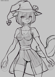 Size: 2894x4093 | Tagged: safe, artist:wernex, oc, anthro, black and white, claws, clothes, cute, digital art, female, grayscale, inktober, inktober 2018, looking at you, magic, monochrome, sketch, solo, witch