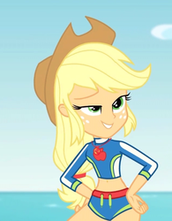 Size: 422x540 | Tagged: safe, screencap, applejack, blue crushed, equestria girls, equestria girls series, g4, belly button, clothes, cowboy hat, cropped, female, geode of super strength, hat, solo, swimsuit