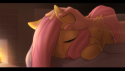 Size: 3000x1700 | Tagged: safe, artist:captainpudgemuffin, fluttershy, human, pegasus, pony, g4, commission, cute, digital art, duo, ear scratch, eyes closed, female, fireplace, hand, high res, mare, petting, shyabetes, sleeping, solo focus