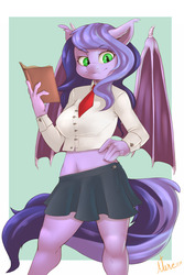 Size: 1000x1500 | Tagged: safe, artist:atane27, oc, oc only, oc:midnight reverie, bat pony, anthro, anthro oc, bat pony oc, book, breasts, clothes, female, hand on hip, mare, simple background, smiling, solo