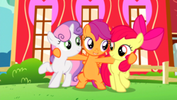 Size: 1920x1080 | Tagged: safe, screencap, apple bloom, scootaloo, sweetie belle, crusaders of the lost mark, g4, bipedal, color correction, cutie mark crusaders