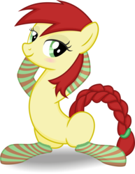 Size: 2206x2855 | Tagged: safe, artist:leopurofriki, oc, oc only, oc:paint pallet, pony, arm behind head, bedroom eyes, blushing, braided tail, clothes, female, high res, looking at you, simple background, socks, solo, spread legs, spreading, striped socks, transparent background, vector